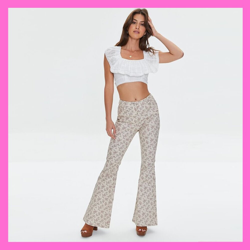 Forever 21 Ditsy Floral Print Flare Pants High Rise Khaki Size M Cotton Flowers